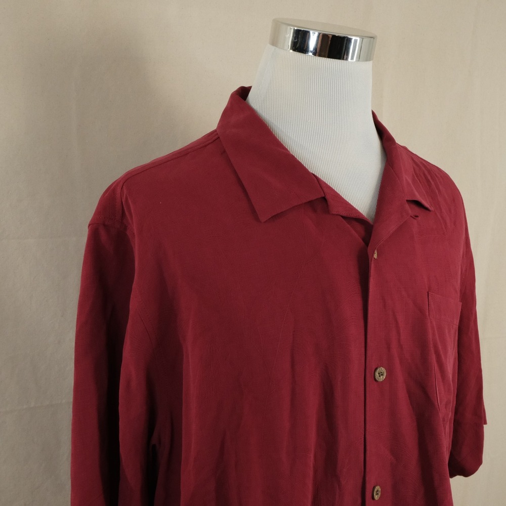 Tommy Bahama XXL 100% Silk Hawaiian Aloha Shirt Red Floral Jaquard Camp Mens